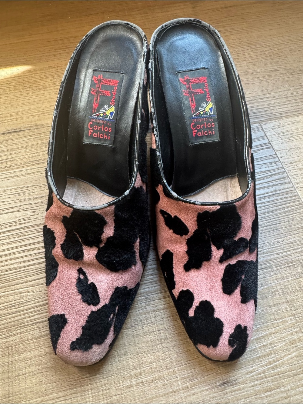 Carlos Falchi Pink and Black Animal-Print Velvet Slip-On Mules